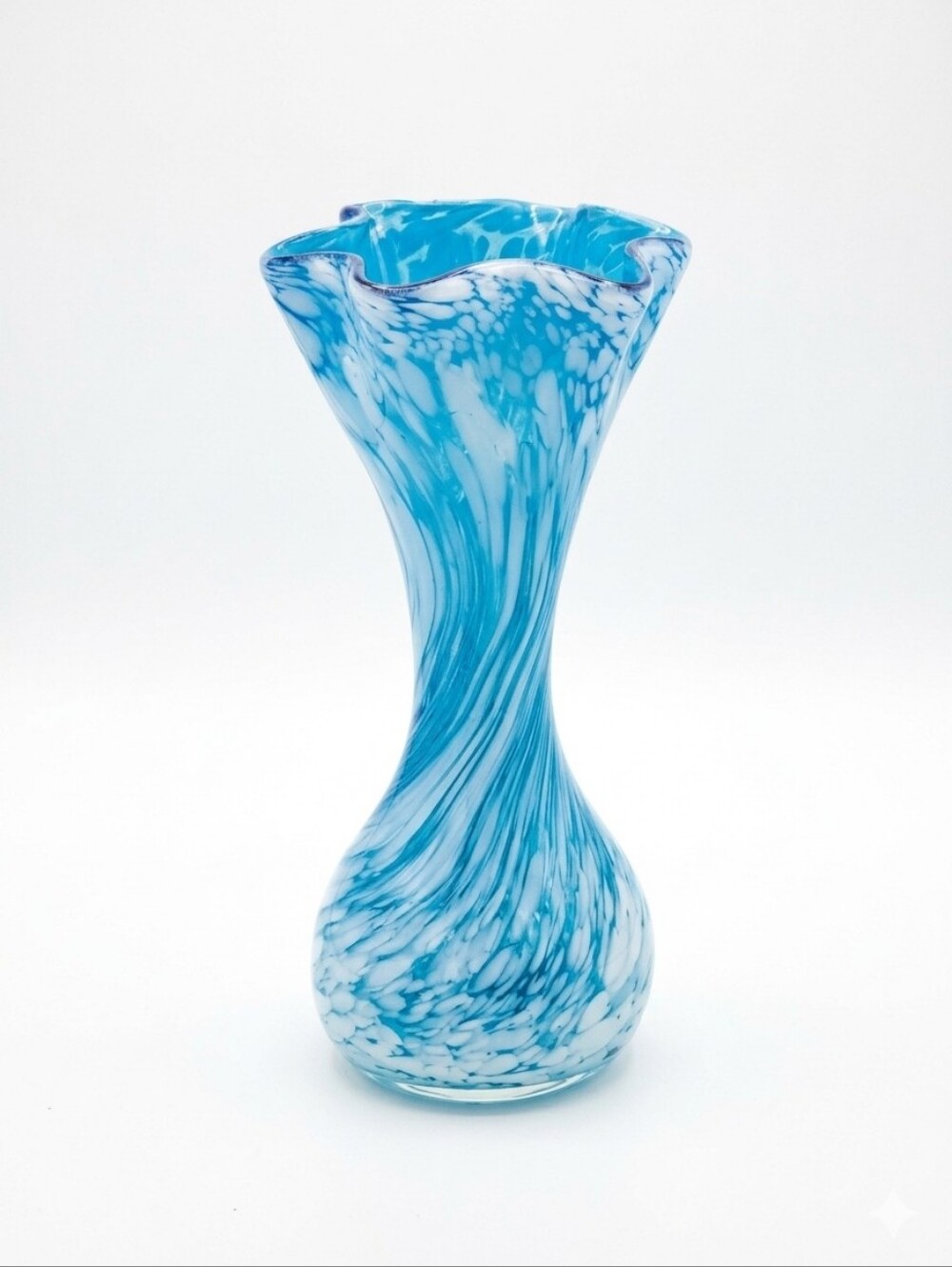 Handblown Blue and White Swirl Glass Vase - Decorative Accent